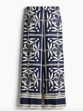 NWOT H & M Pants High Rise Wide Leg Blue/Cream Floral Tropical Pattern Palazzo 6